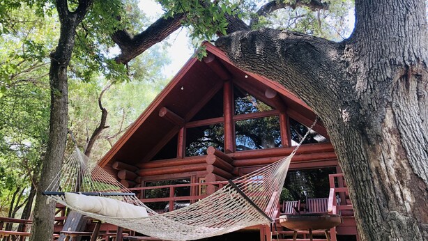 A wooden cabin with a hammock under a large tree. - Waterfront Cabin w/ Stunning Lake Views & Porch (Burnet)