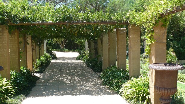 A garden pathway with a pergola covered in greenery, surrounded by plants and a decorative urn. - The Moon and Sixpence Garden Guest House (Muldersdrift)