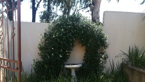 A garden with a fountain, surrounded by various plants and a metal gate. - The Moon and Sixpence Garden Guest House (Muldersdrift)