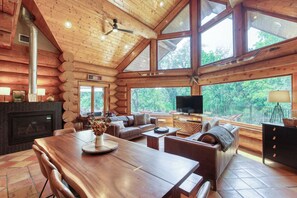 TV, fireplace, table football - Waterfront Log Lodge w/ Pool, Hot Tub & Sleeps 15 (Burnet)