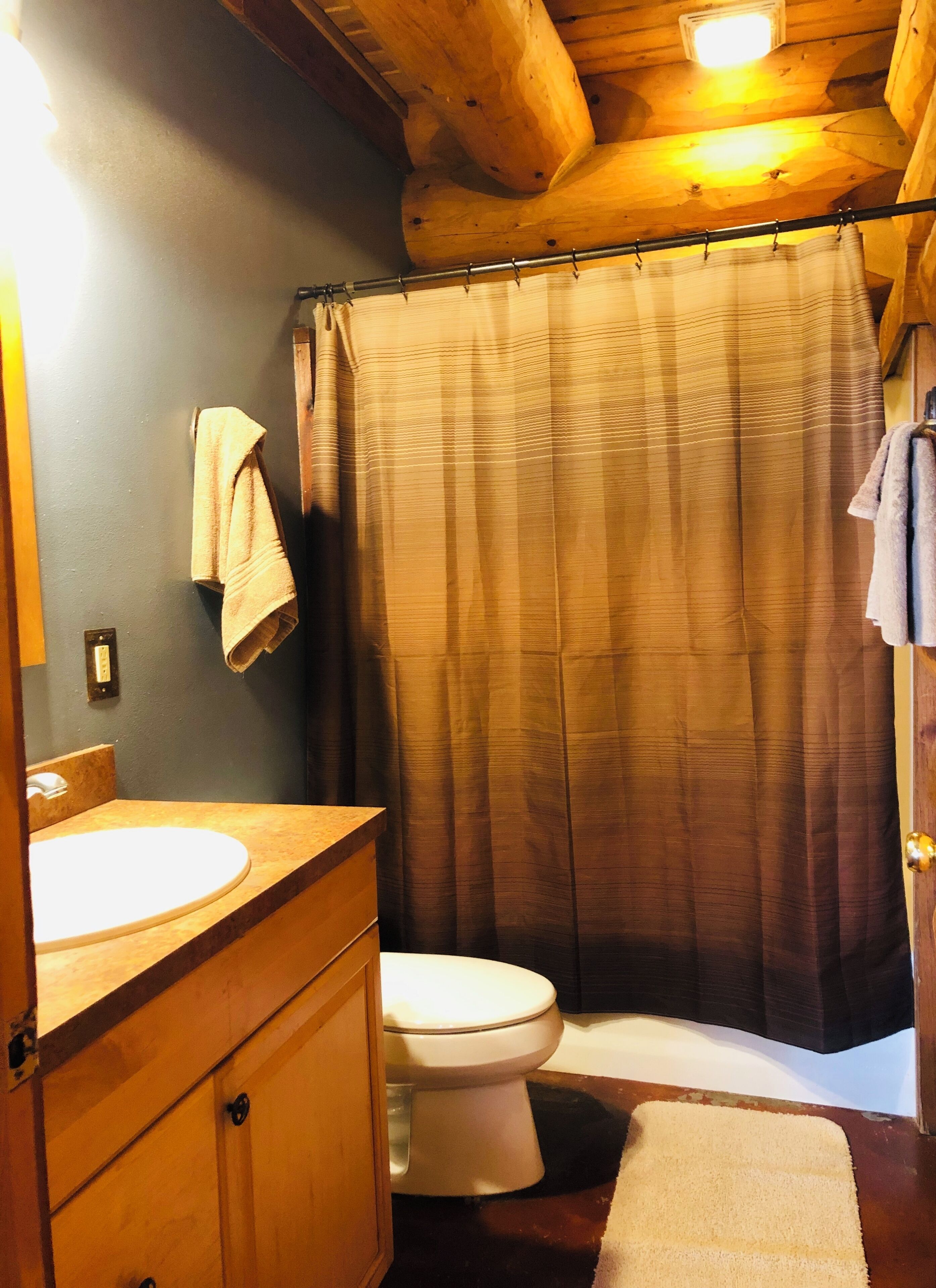 A bathroom with a wooden vanity, a white sink, a toilet, and a shower curtain.