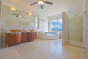 Shower, jetted tub, hair dryer, bidet