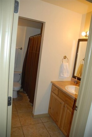 Bathroom features a shower, sink, and vanity with a mirror.
