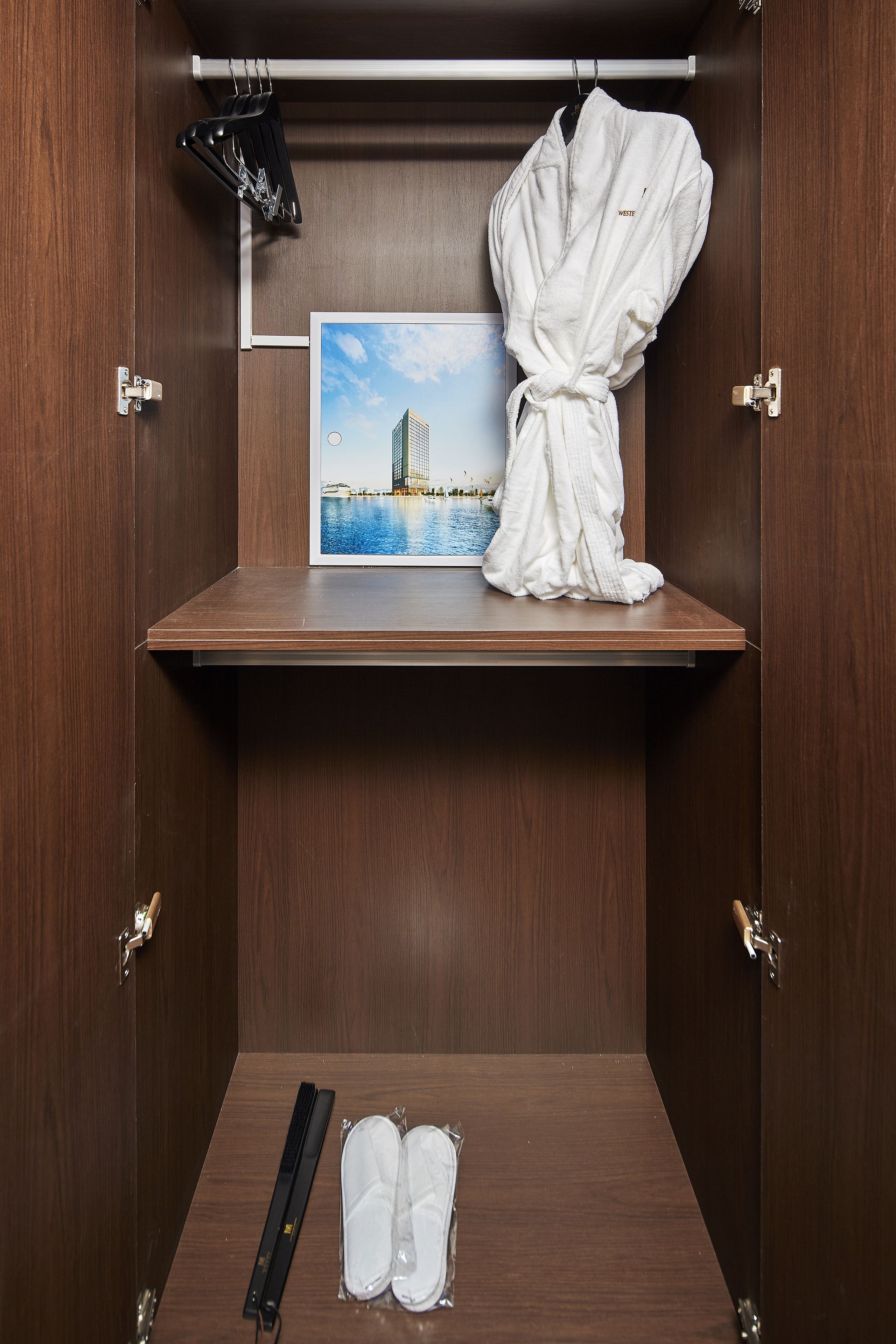 A wooden wardrobe with a robe hanging on the door, a framed picture of a building, and a pair of shoes on the lower shelf.
