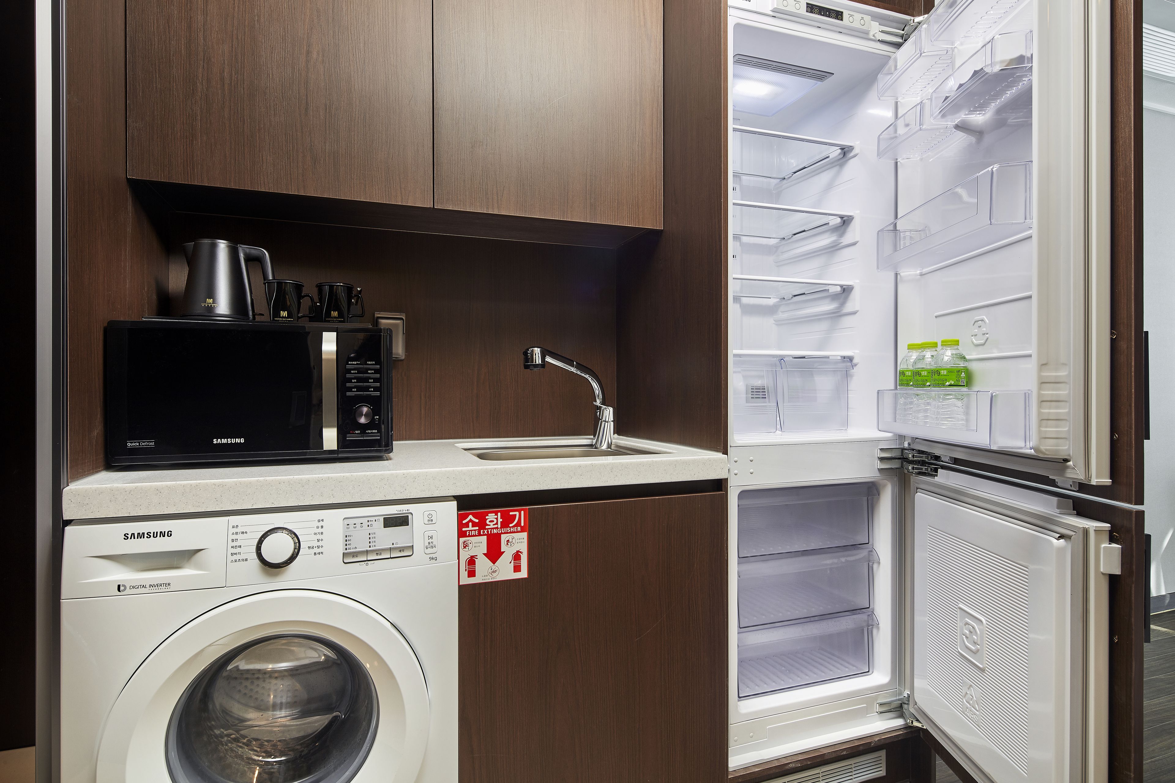 fridge, microwave, electric kettle