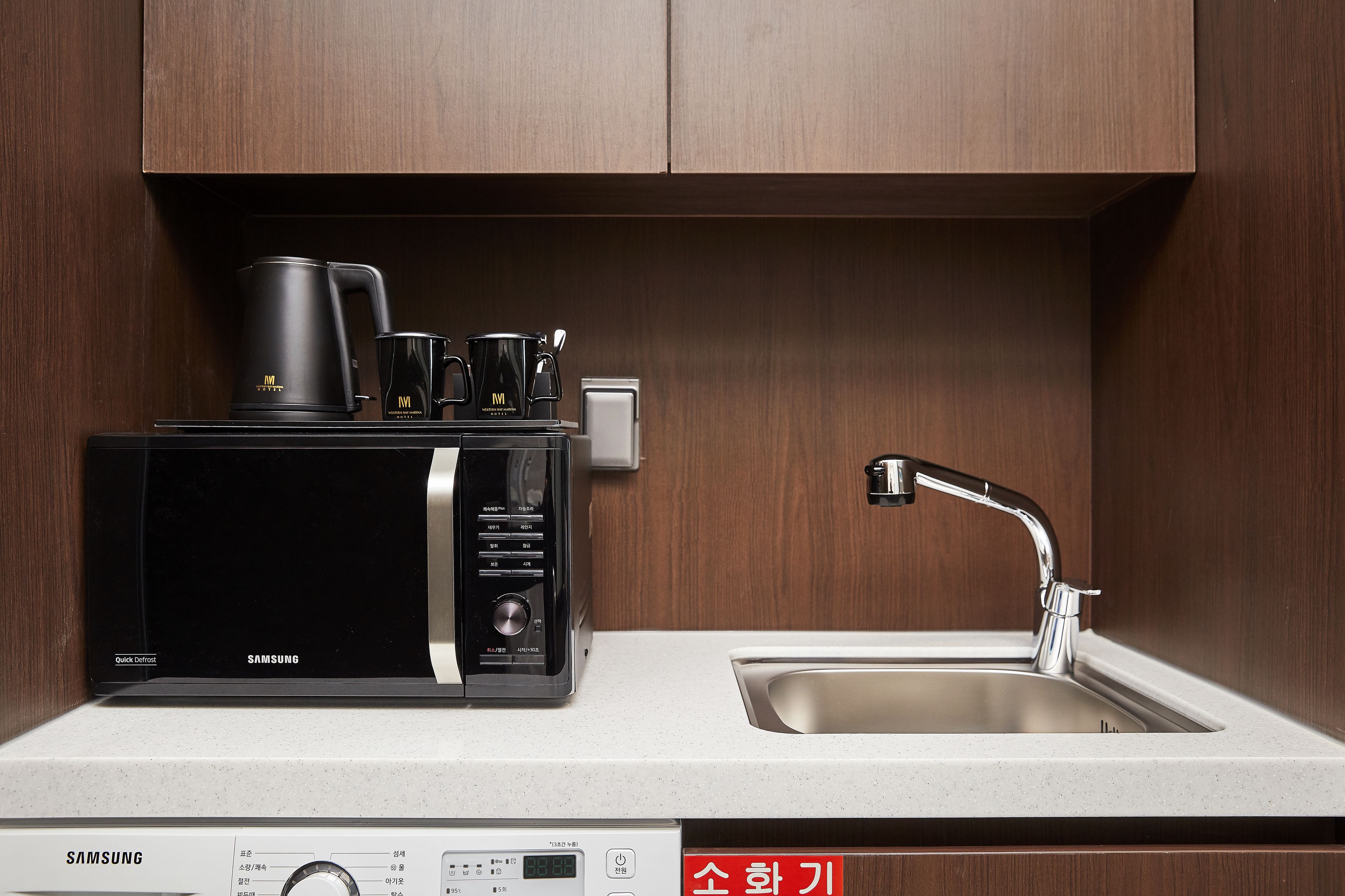 fridge, microwave, electric kettle