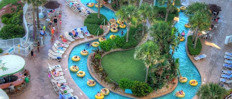 Un área de piscina con múltiples carriles, sillones reclinables y palmeras.