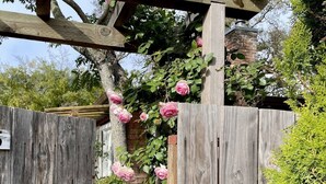 A wooden fence with climbing roses and a brick structure behind it. - Wine Country Farmhouse with Hot Tub (Santa Rosa)