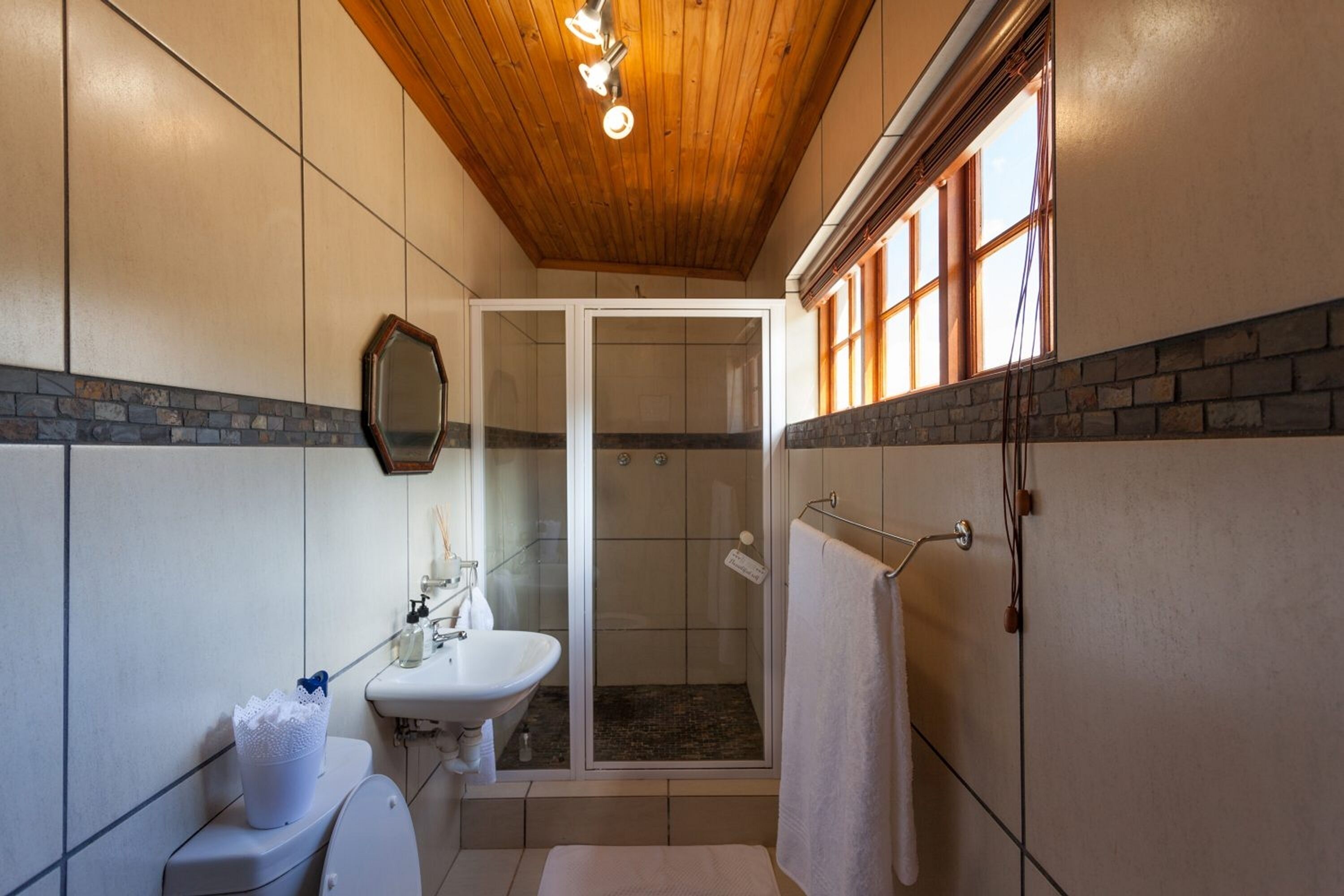Un baño con ducha, inodoro, lavabo y espejo.