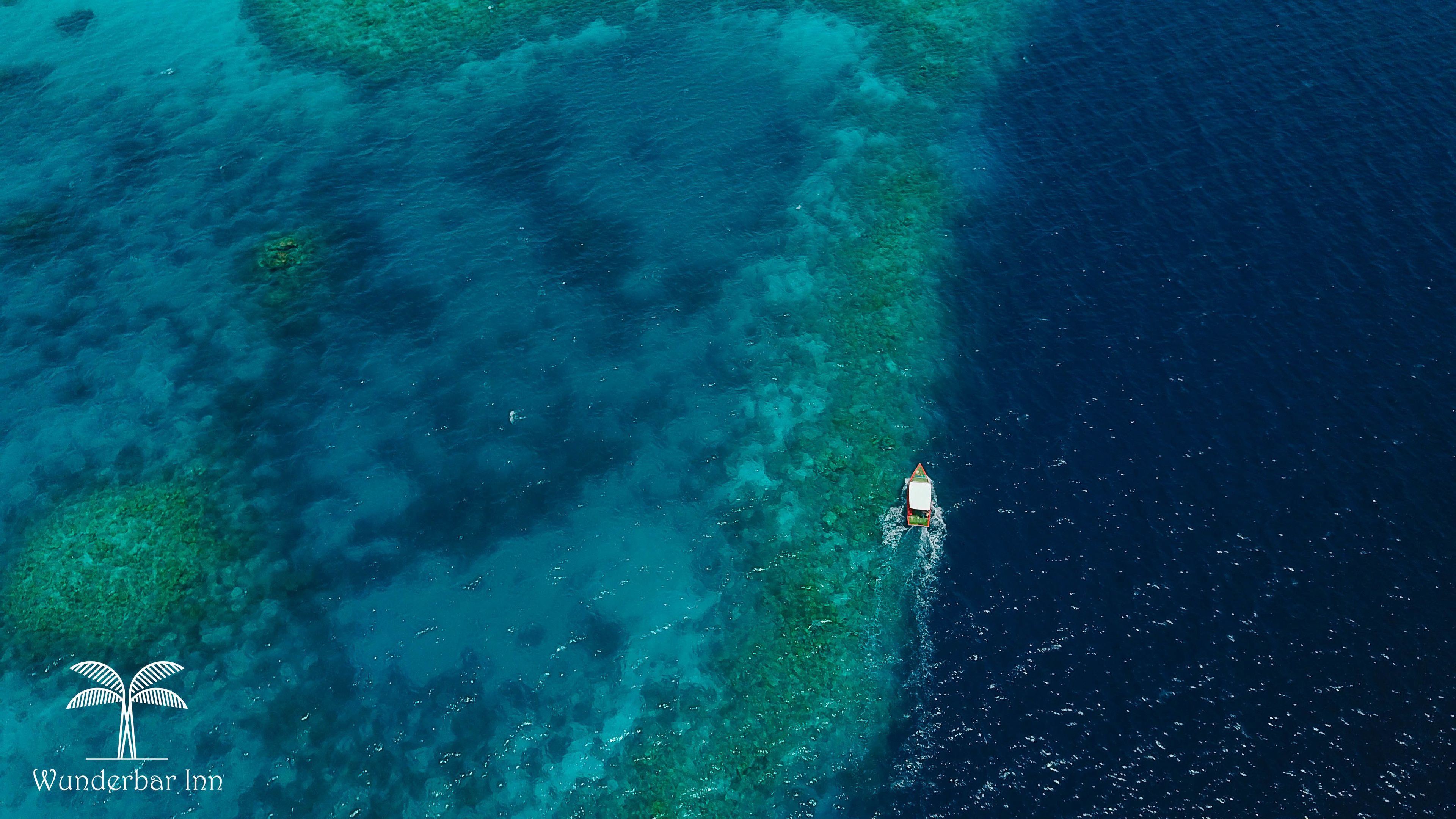Vista aérea de uma área costeira com águas cristalinas e um barco.
