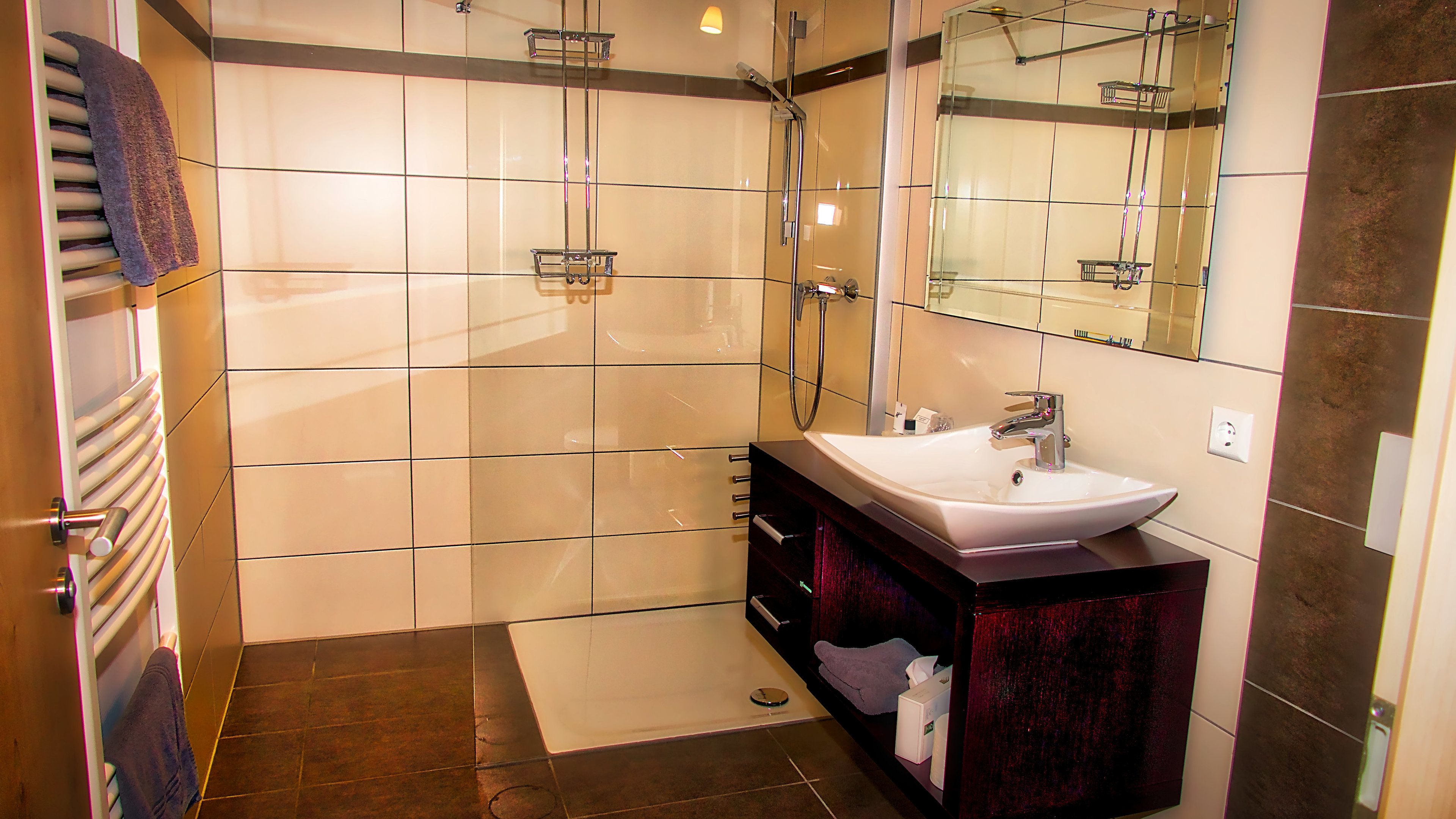 Une salle de bain moderne avec une douche à parois de verre, un meuble-lavabo et un grand miroir.