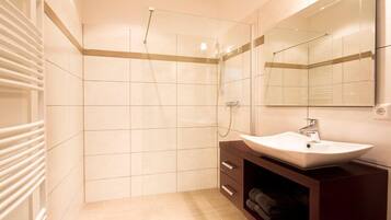A modern bathroom with a glass shower enclosure, a white sink, and a large mirror.