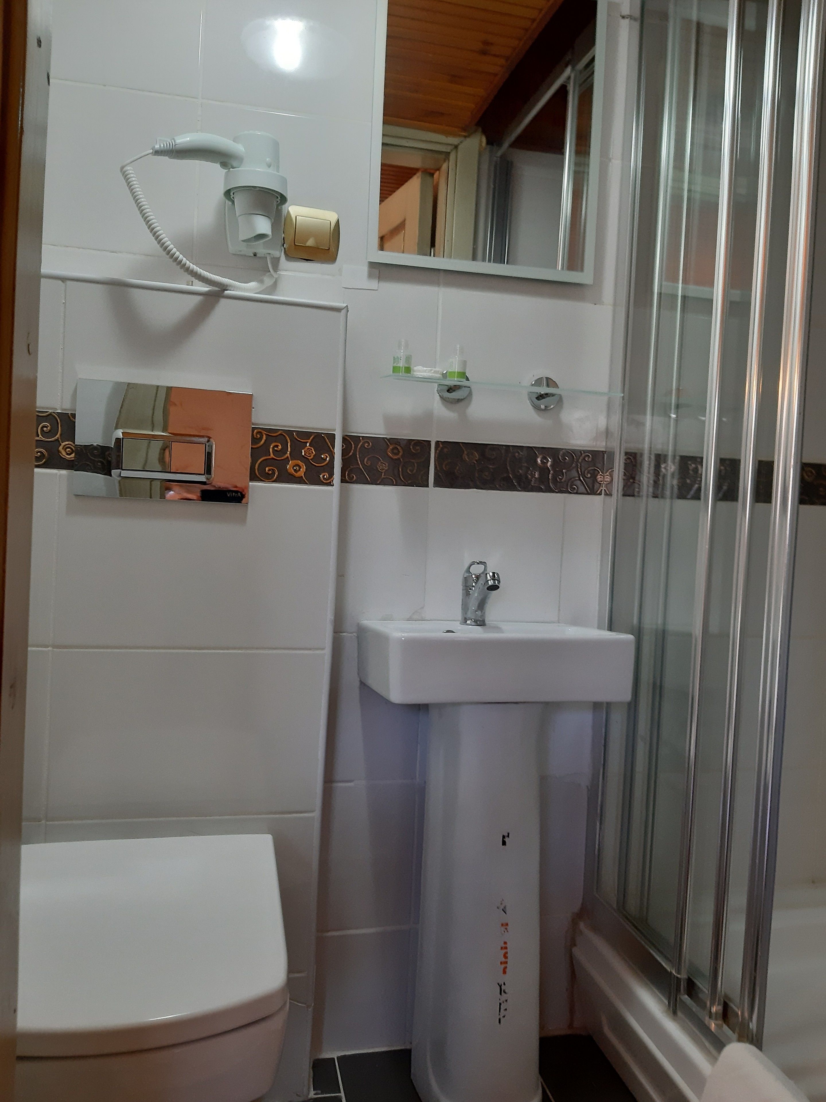 A bathroom with a toilet, sink, and shower.