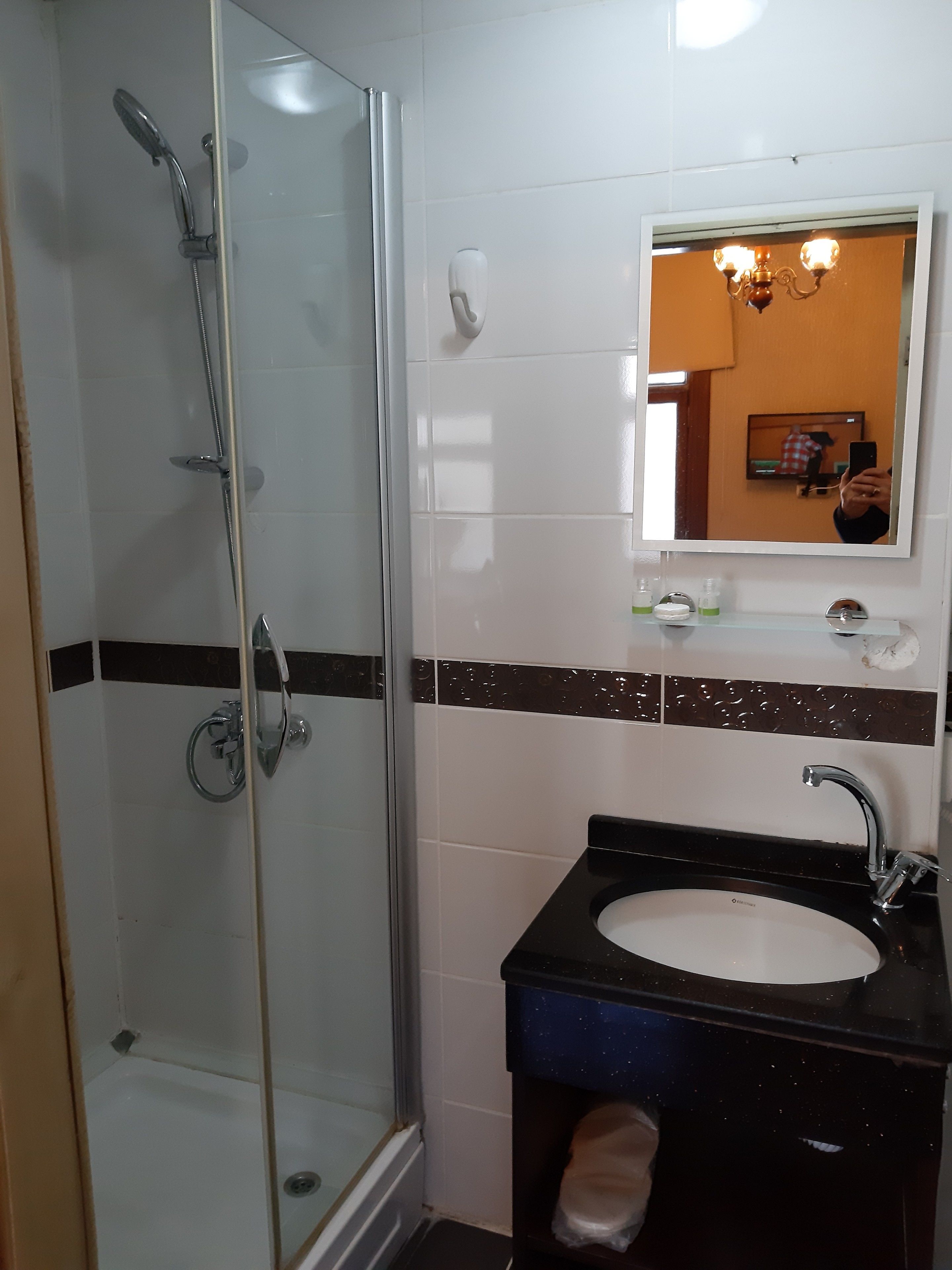A bathroom with a glass-enclosed shower, a black sink with a mirror above it, and a towel rack.
