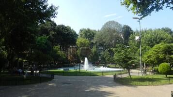 Um parque com uma fonte, bancos e um caminho pavimentado.
