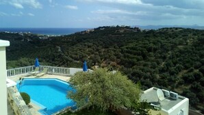 Ein Pool mit Blick auf eine gebirgige Landschaft.