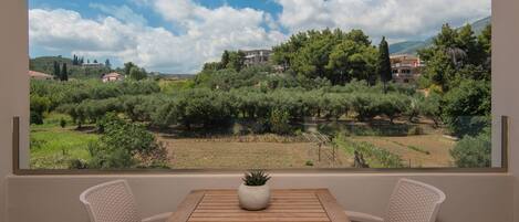 A balcony with a table and two chairs, overlooking a vineyard and buildings in the distance.