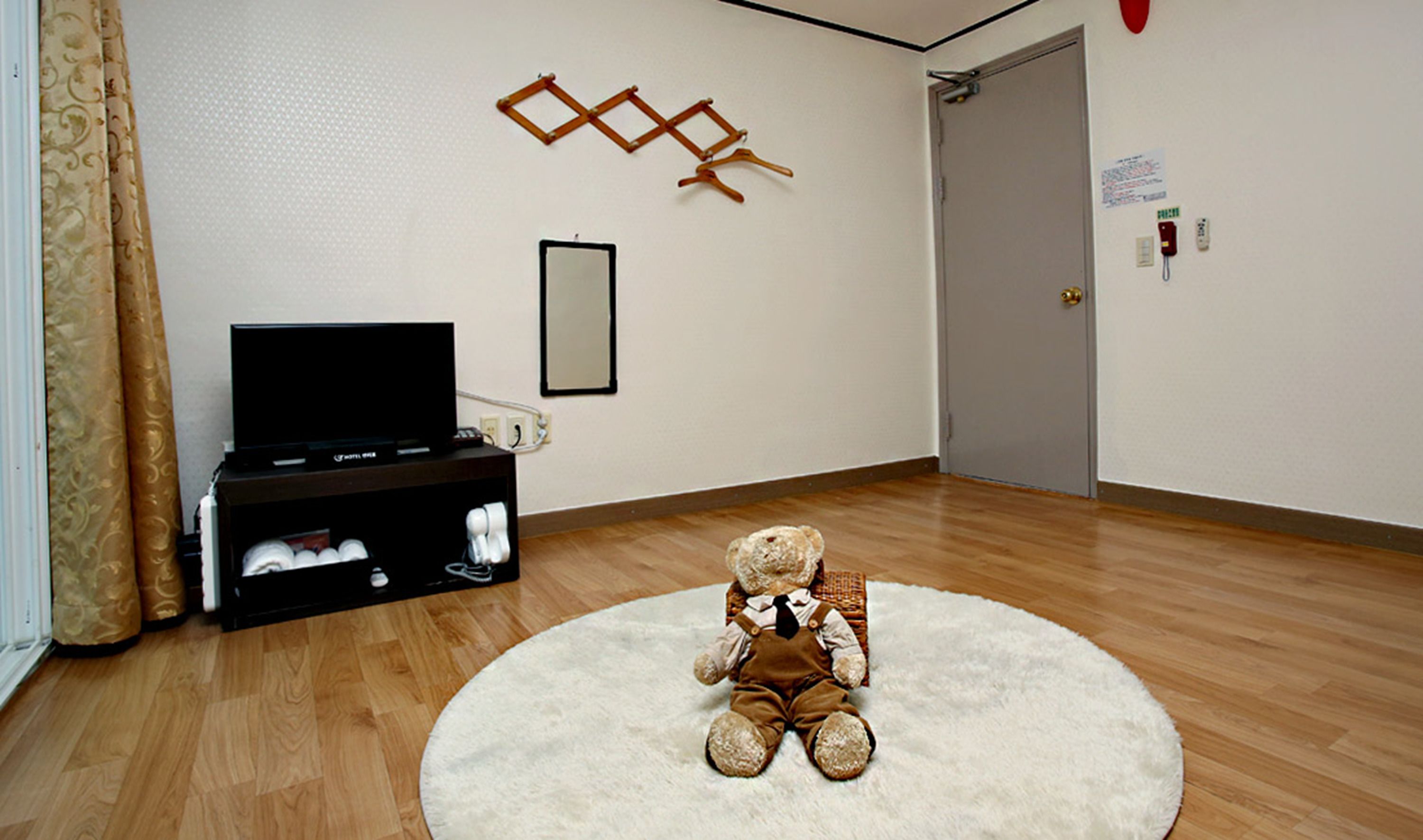 A room with a wooden floor, a white rug, a television on a stand, a teddy bear on the rug, and a door with a lock.