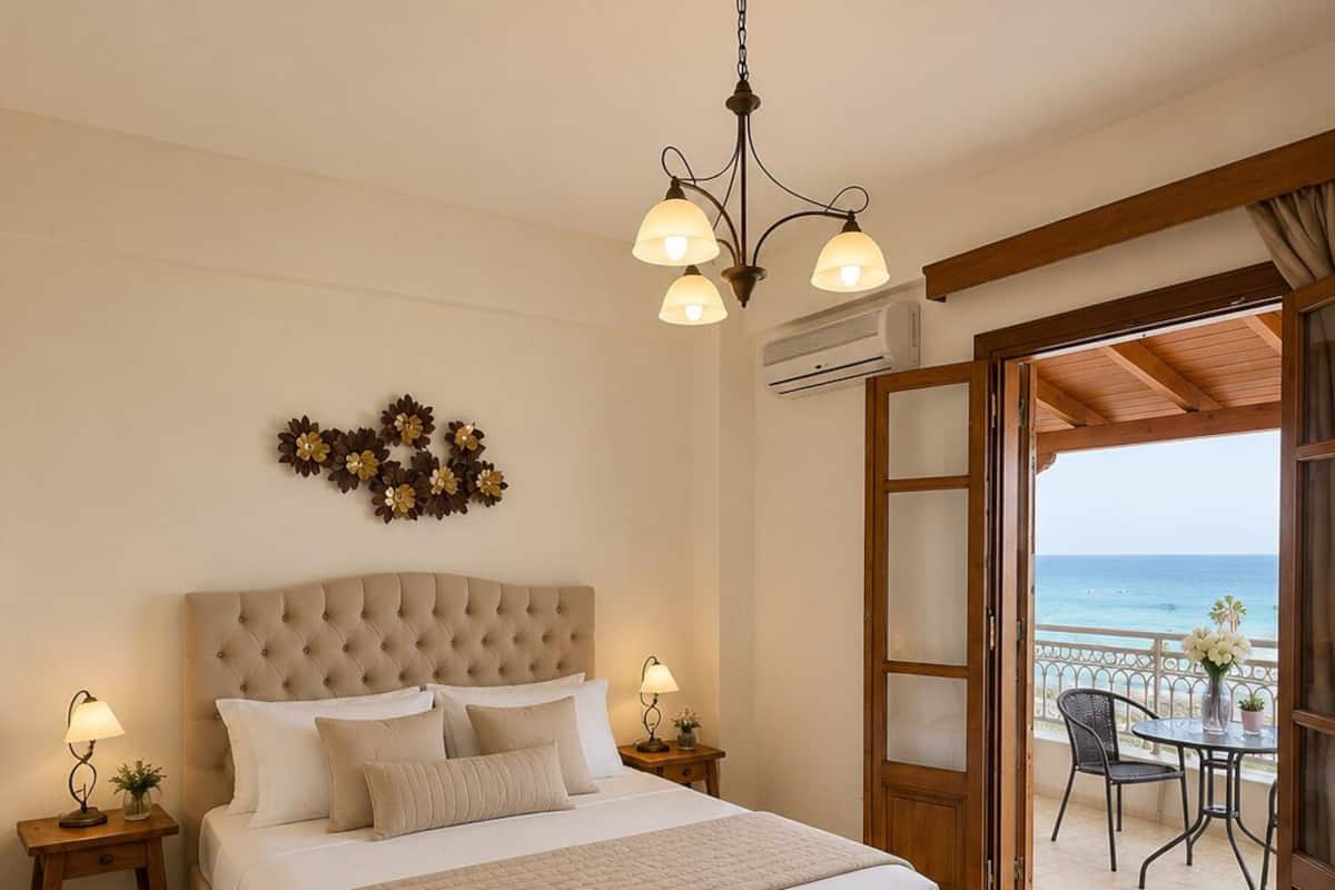 Quarto com uma cama grande, um candelabro, uma decoração na parede e vista para o mar através de uma porta aberta.