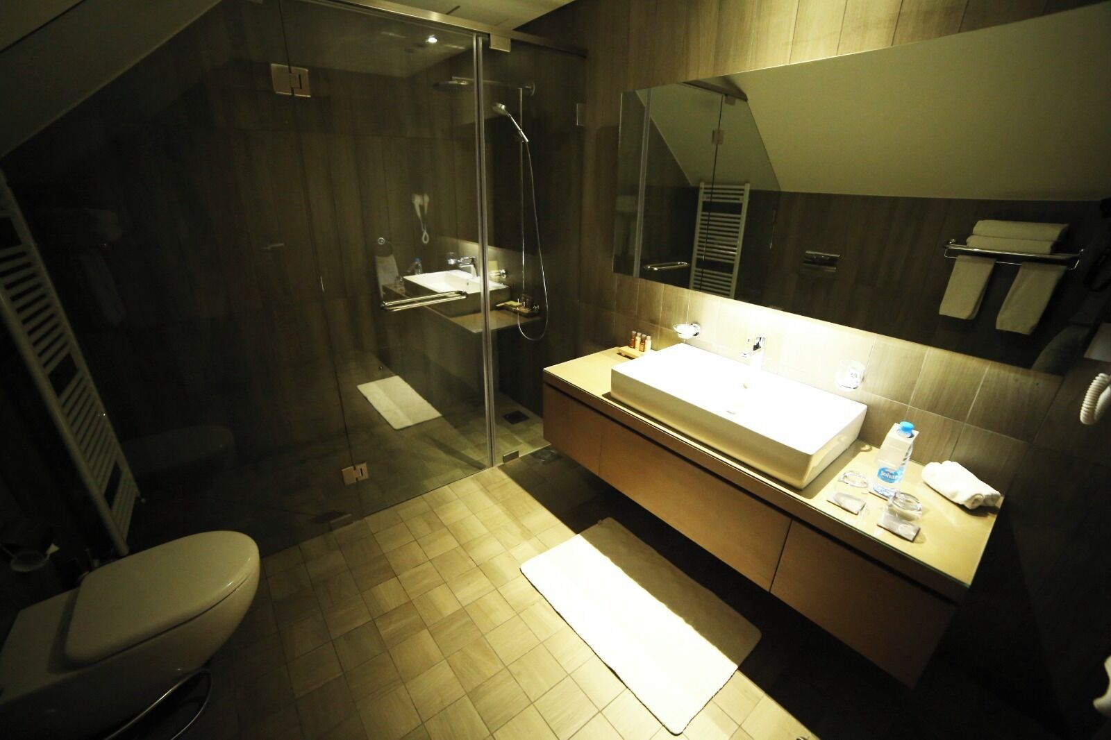 A modern bathroom with a glass-enclosed shower, a large sink, and a mirror above it.