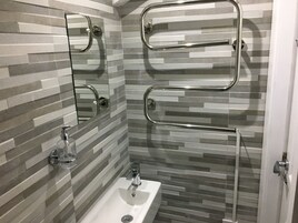 Baño de diseño moderno, con lavamanos, espejo y barras de apoyo.