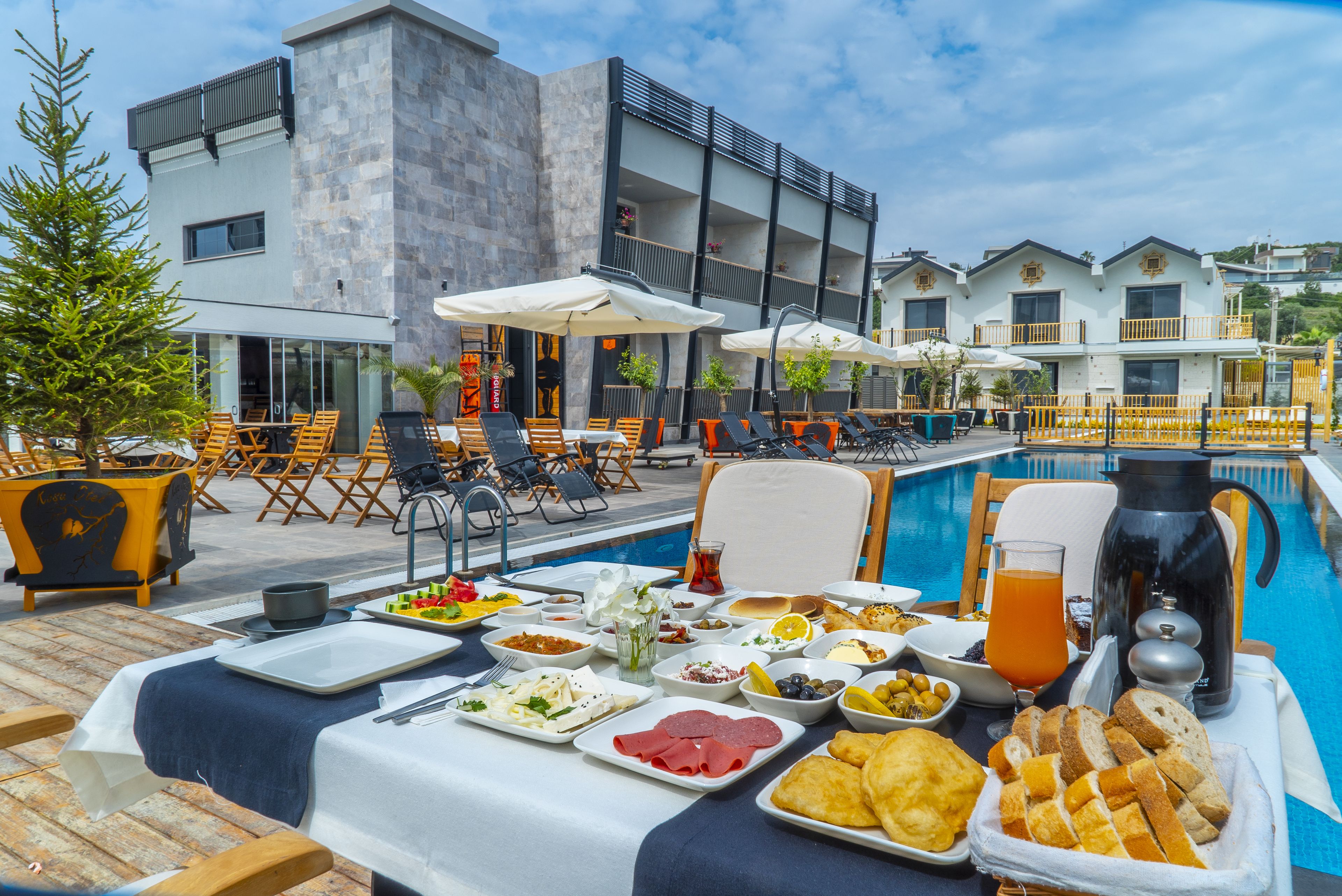 Desayuno junto a la piscina, con diversas opciones de alimentos, una cafetera y sillas de descanso.