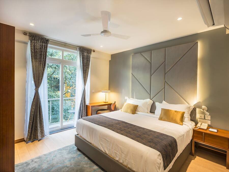 A modern bedroom with a large bed, a ceiling fan, and a view of greenery outside.