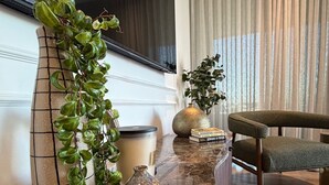 A modern living room with a curved marble countertop, a green plant, a decorative vase, and a sofa. - Warwick 501 (Cape Town)