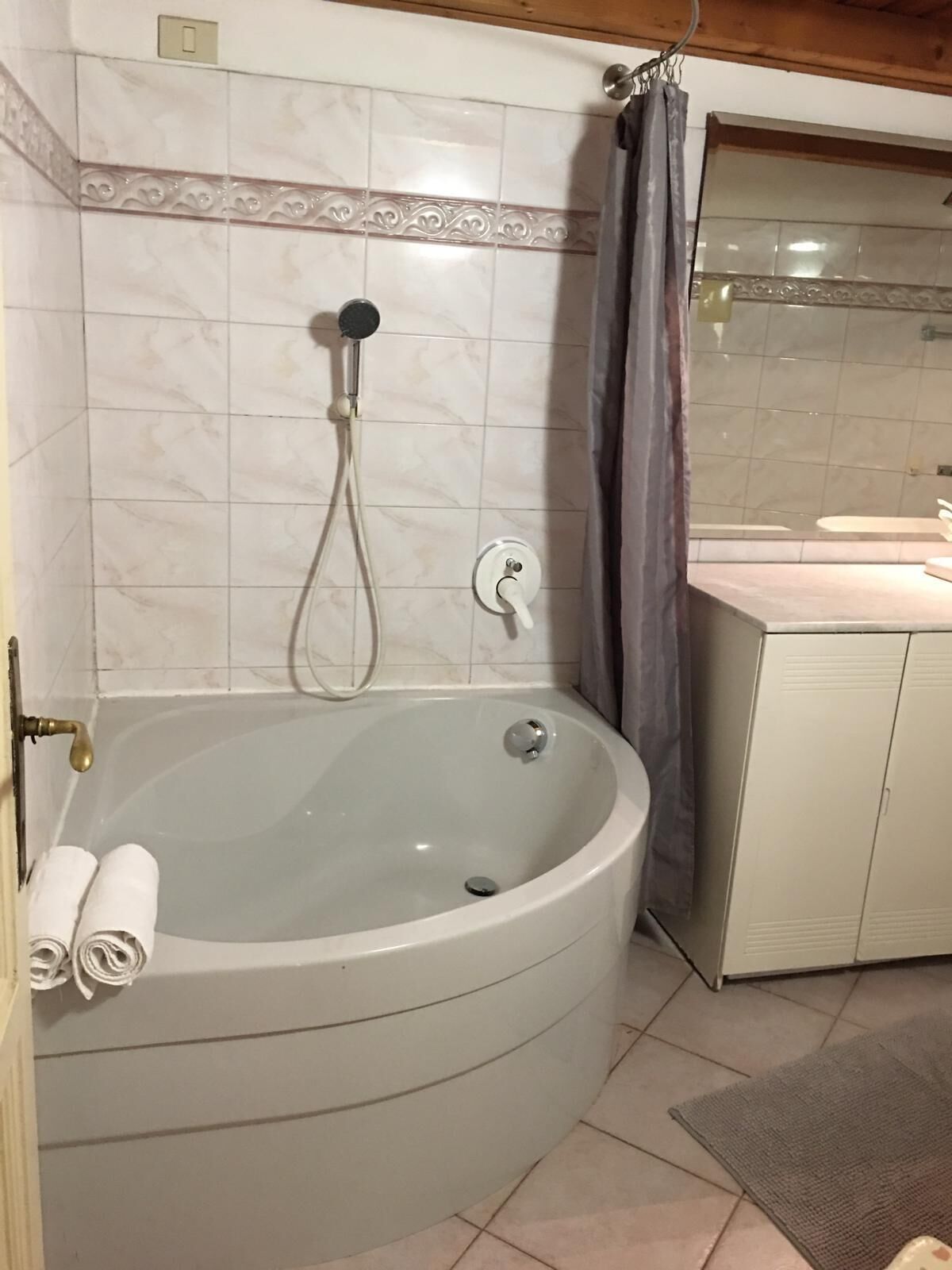 A bathroom with a freestanding bathtub, a showerhead, and a toilet.