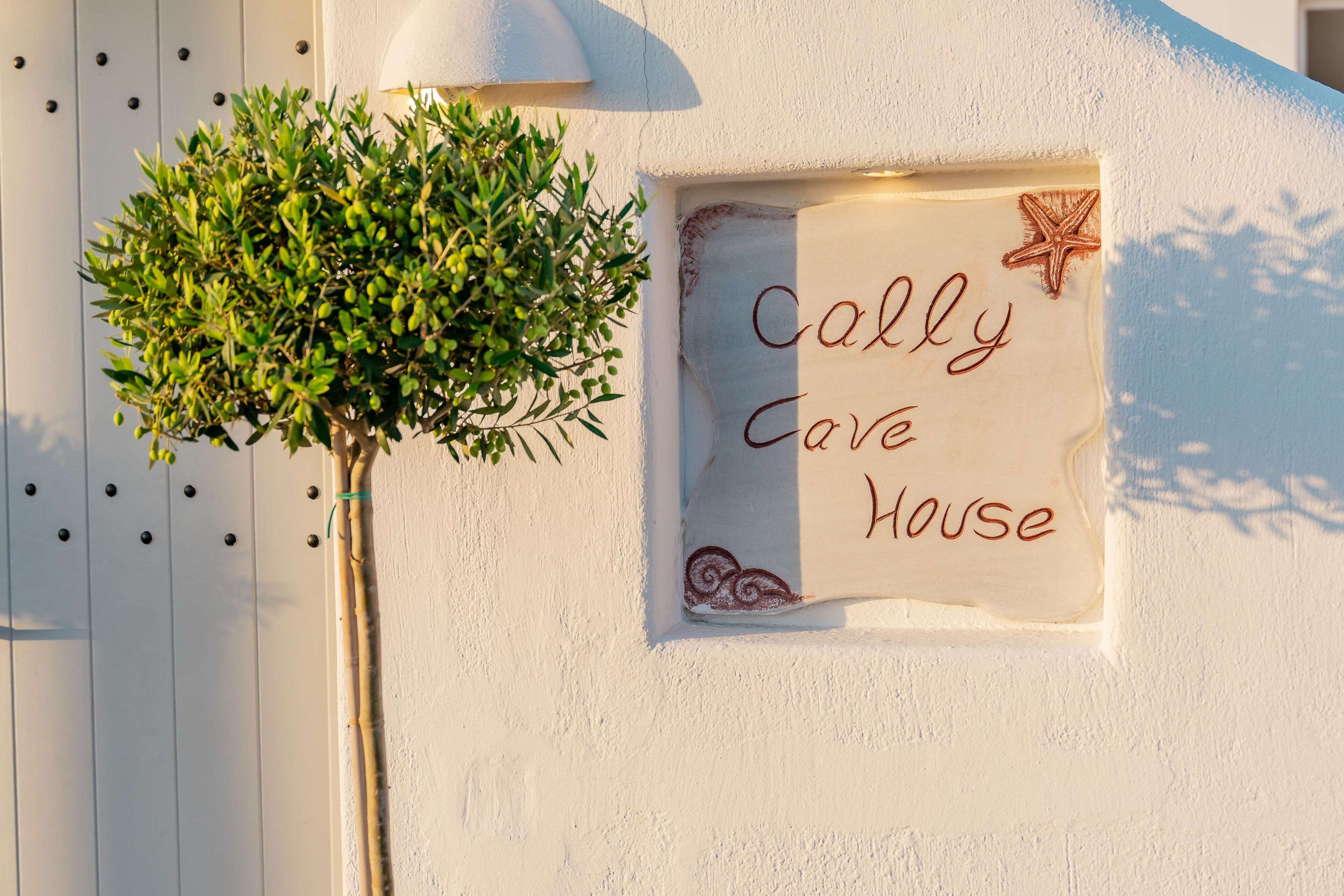 Um letreiro com a inscrição 'Cally Cove House' em uma parede branca, com uma pequena árvore ao lado.