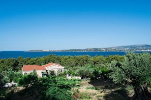 A house with a red roof surrounded by olive trees and a view of the sea.