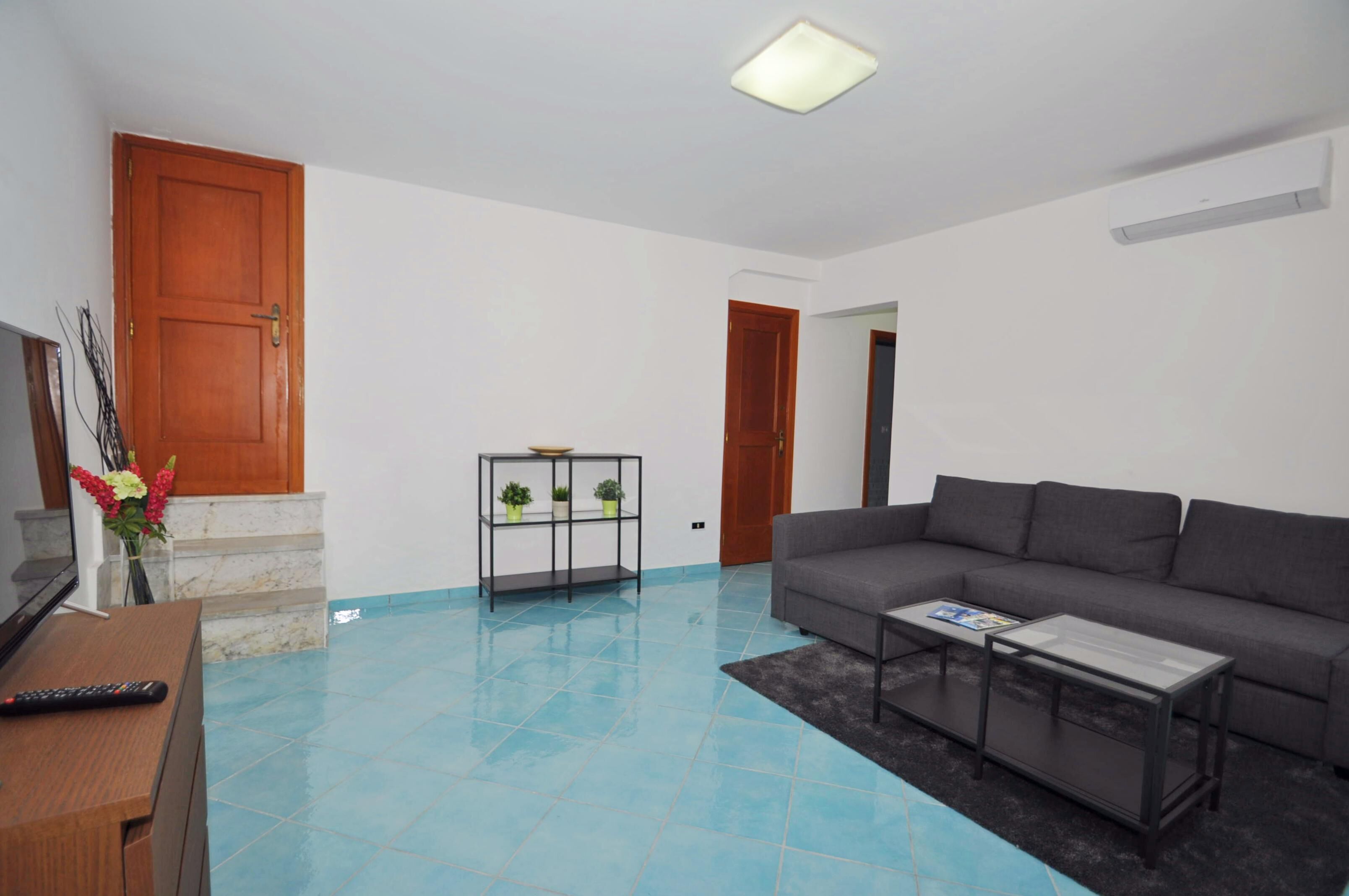Una sala de estar con un sofá gris, una mesa de centro, un televisor sobre un mueble de madera, un estante con plantas y una puerta de madera.
