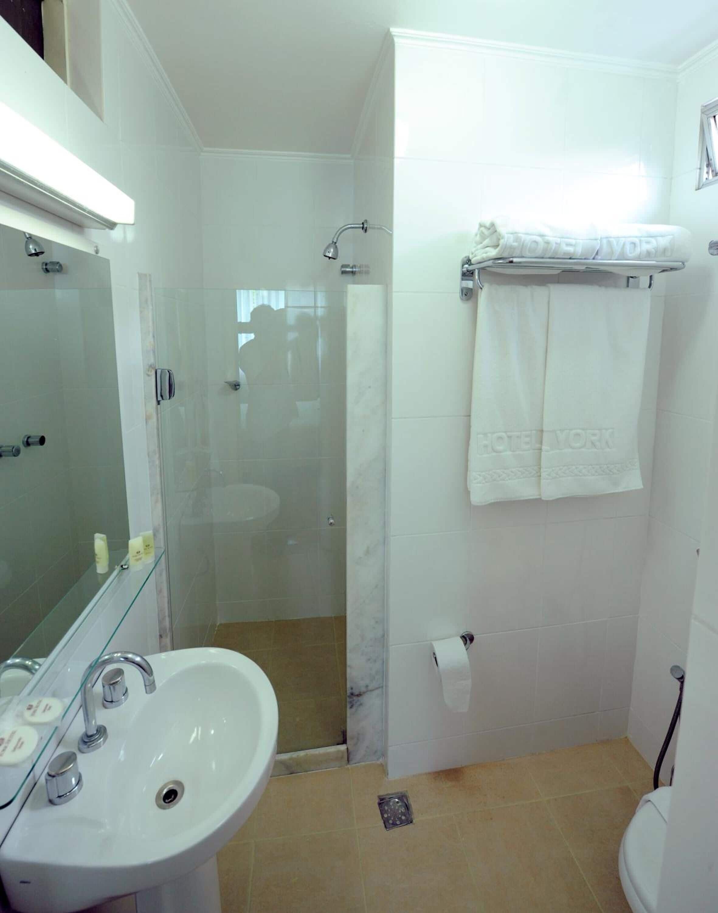 A bathroom with a glass-enclosed shower, a sink, and a toilet.