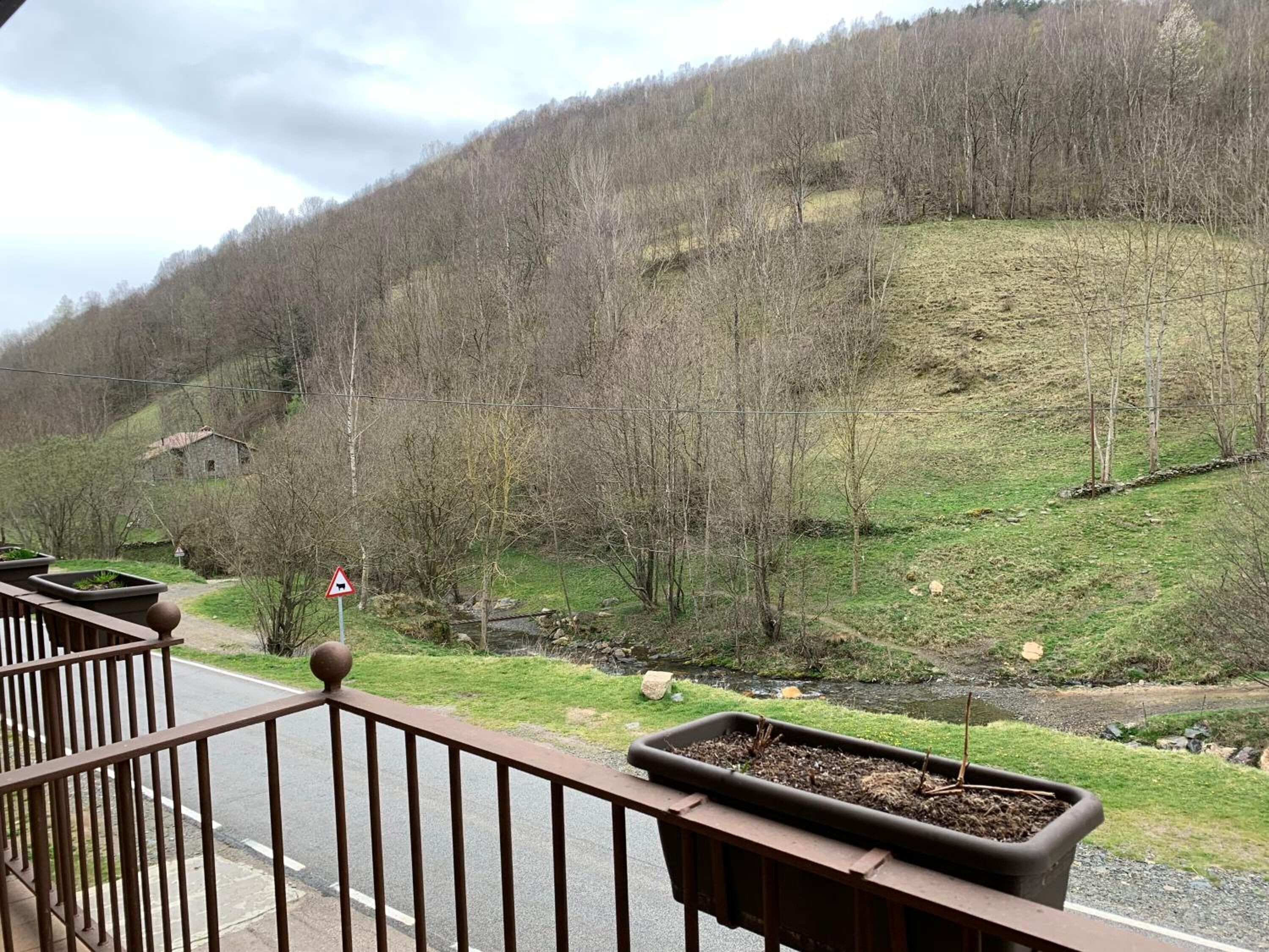A view from a balcony with a railing, overlooking a road, a grassy area, and a forested hill.