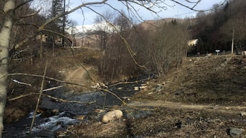 A natural landscape with a river, a dirt path, and trees.