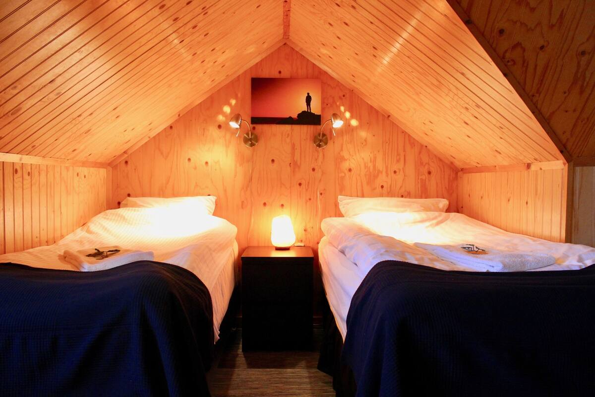 Une chambre mansardée chaleureuse avec deux lits, des murs en bois, un plafond en pente et un tableau encadré au-dessus des lits.