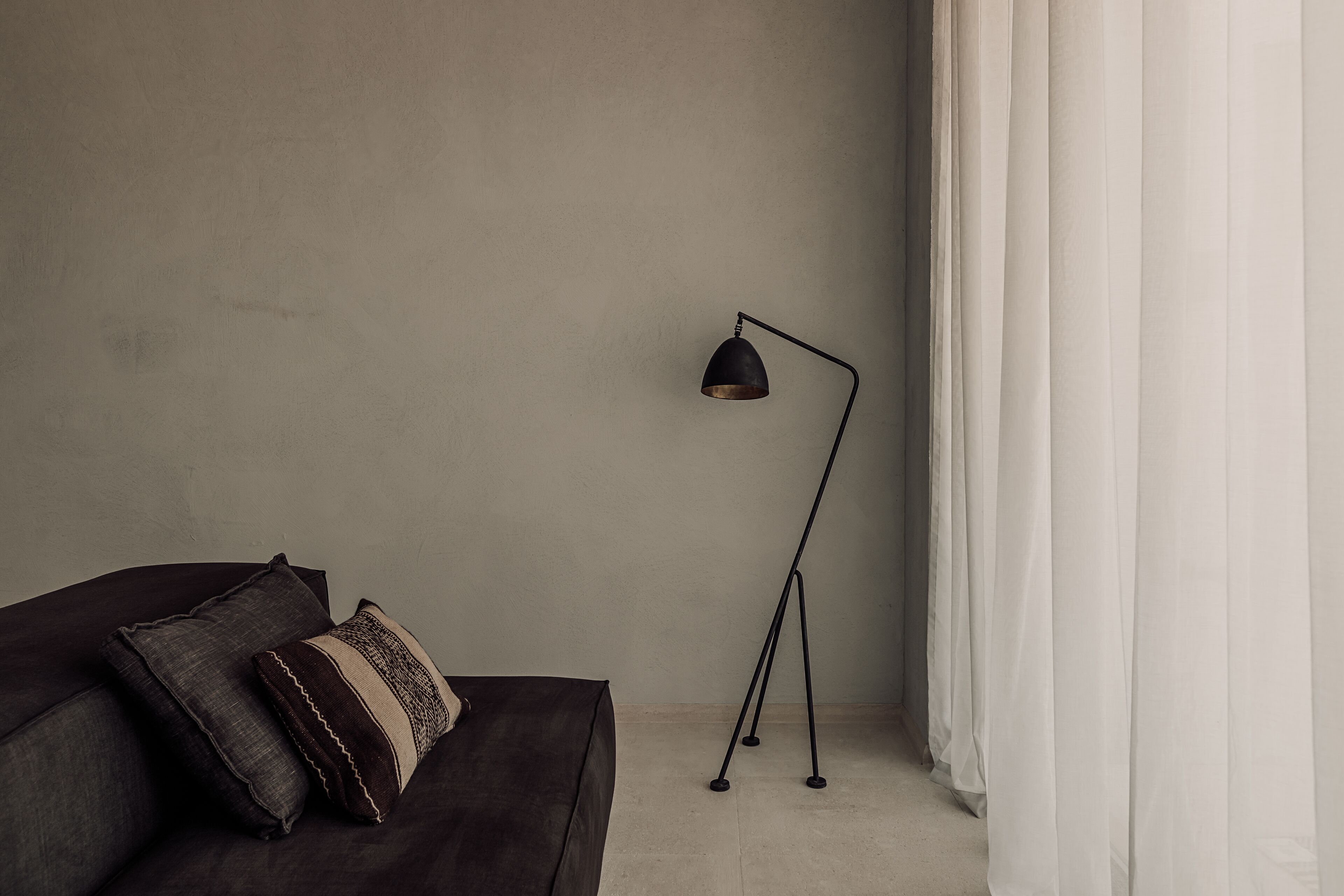 A room with a dark sofa, a floor lamp, and sheer curtains.