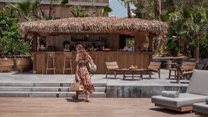 Zona de bar al aire libre con muebles de madera y techo de paja.