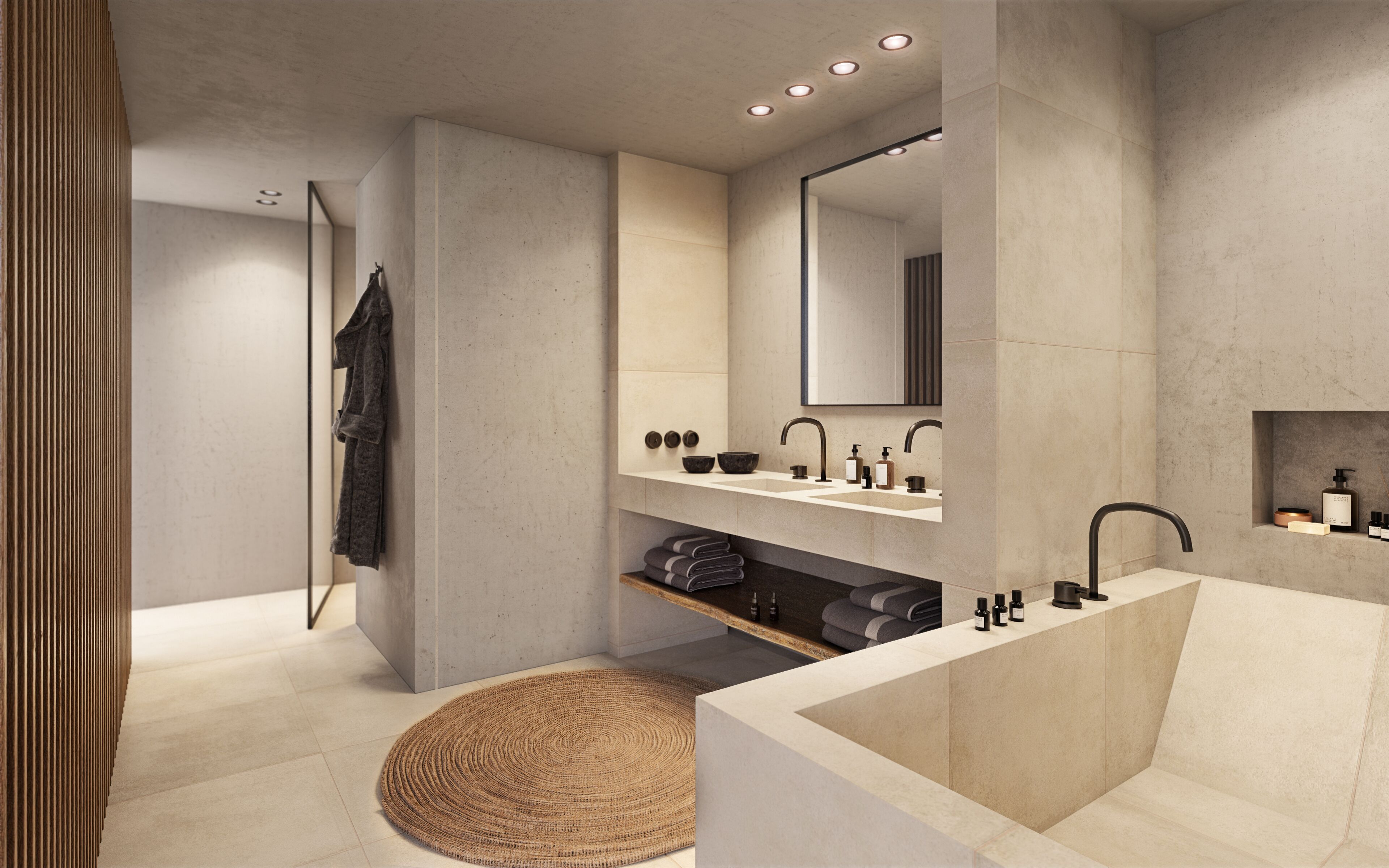 designer toiletries, hair dryer, bathrobes, slippers