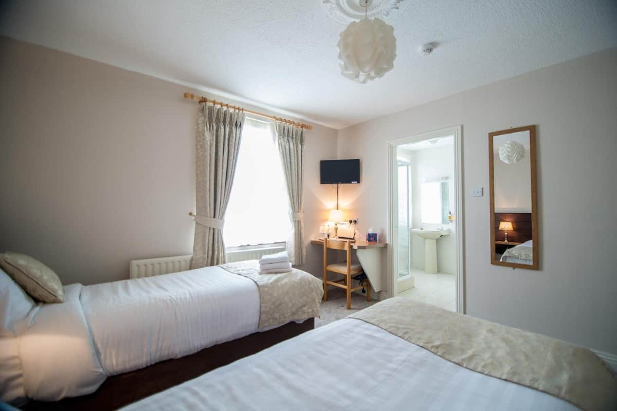Ein Hotelzimmer mit zwei Betten, einem Schreibtisch mit Lampe, einem Fernseher und einem Spiegel an der Wand.
