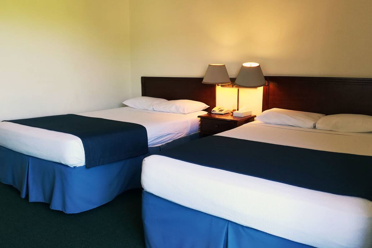 Ein Hotelzimmer mit zwei Einzelbetten, jeweils mit dunkelblauer Bettdecke und weißen Kissen. Dazwischen befindet sich ein Nachttisch mit Lampe und Telefon.
