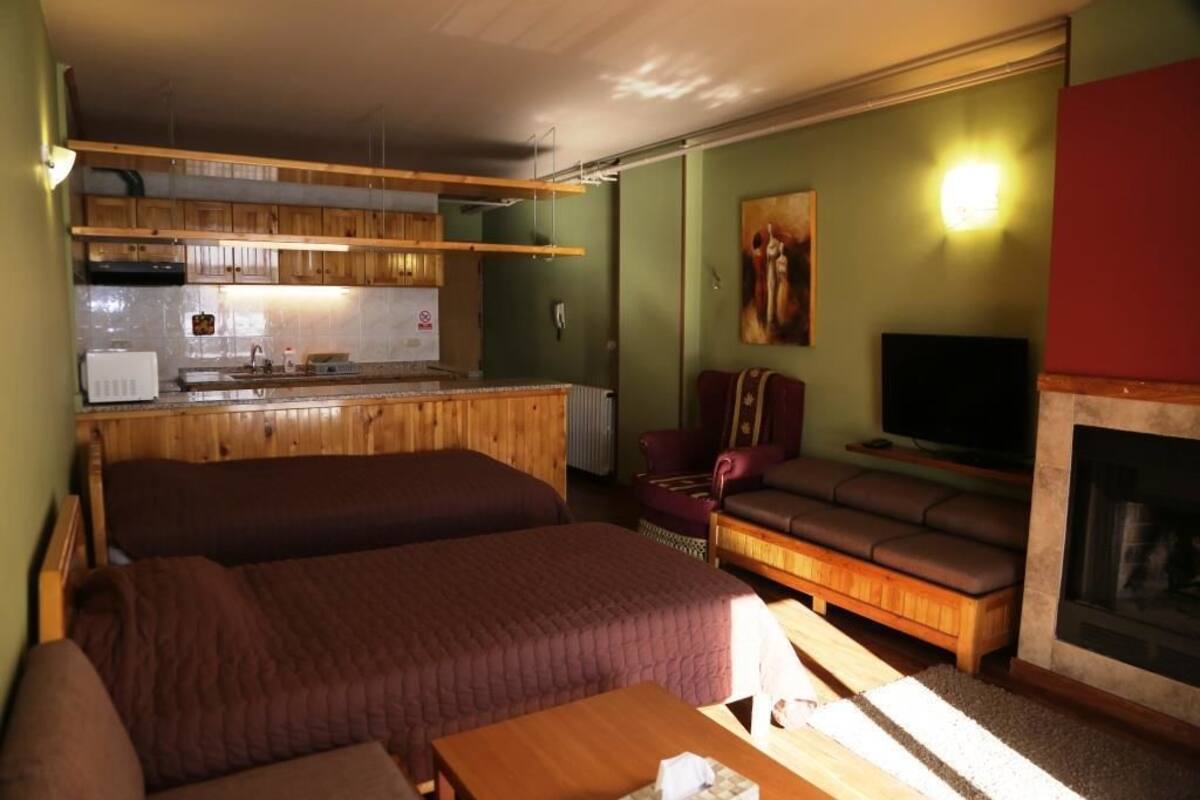 Un espacio habitable compacto con kitchenette, sofá, televisor y chimenea.