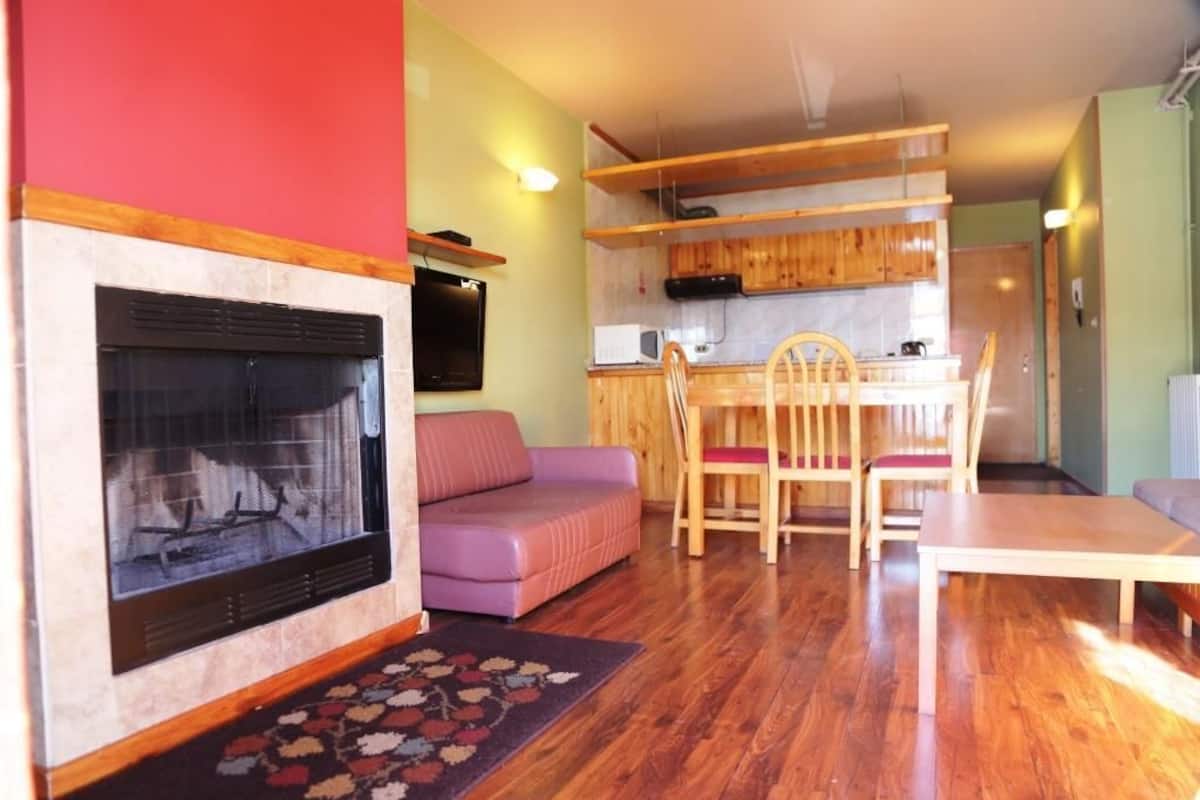 Apartment, 1 Bedroom, Mountain View | Living area | 32-inch LCD TV with satellite channels, TV, fireplace
