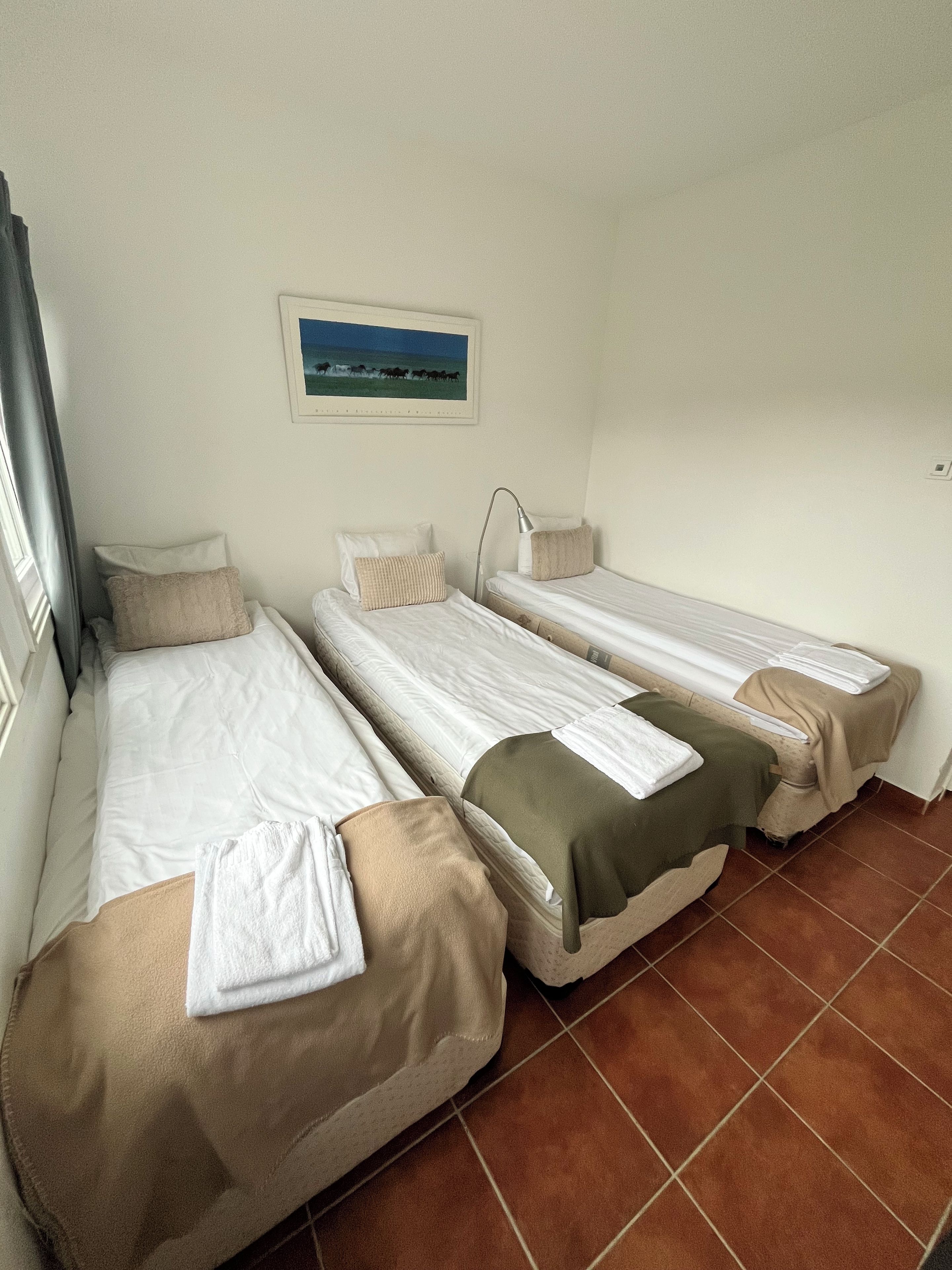 A room with three single beds, each with a pillow and a blanket. There is a wall-mounted lamp above the middle bed.