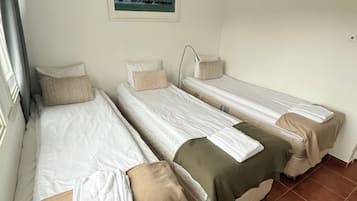 A room with three single beds, each with a pillow and a blanket. There is a wall-mounted lamp above the middle bed.