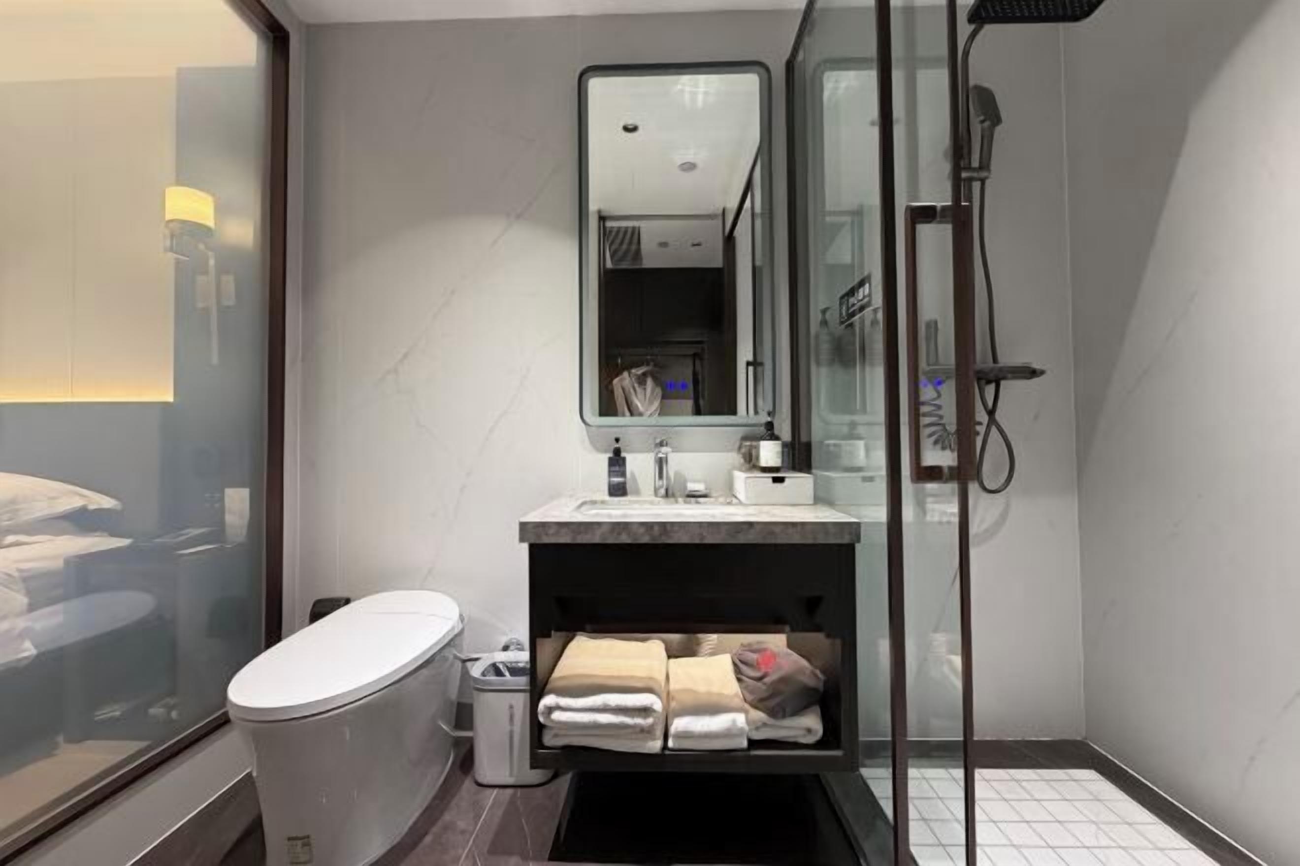 A modern bathroom with a toilet, sink, mirror, and shower.