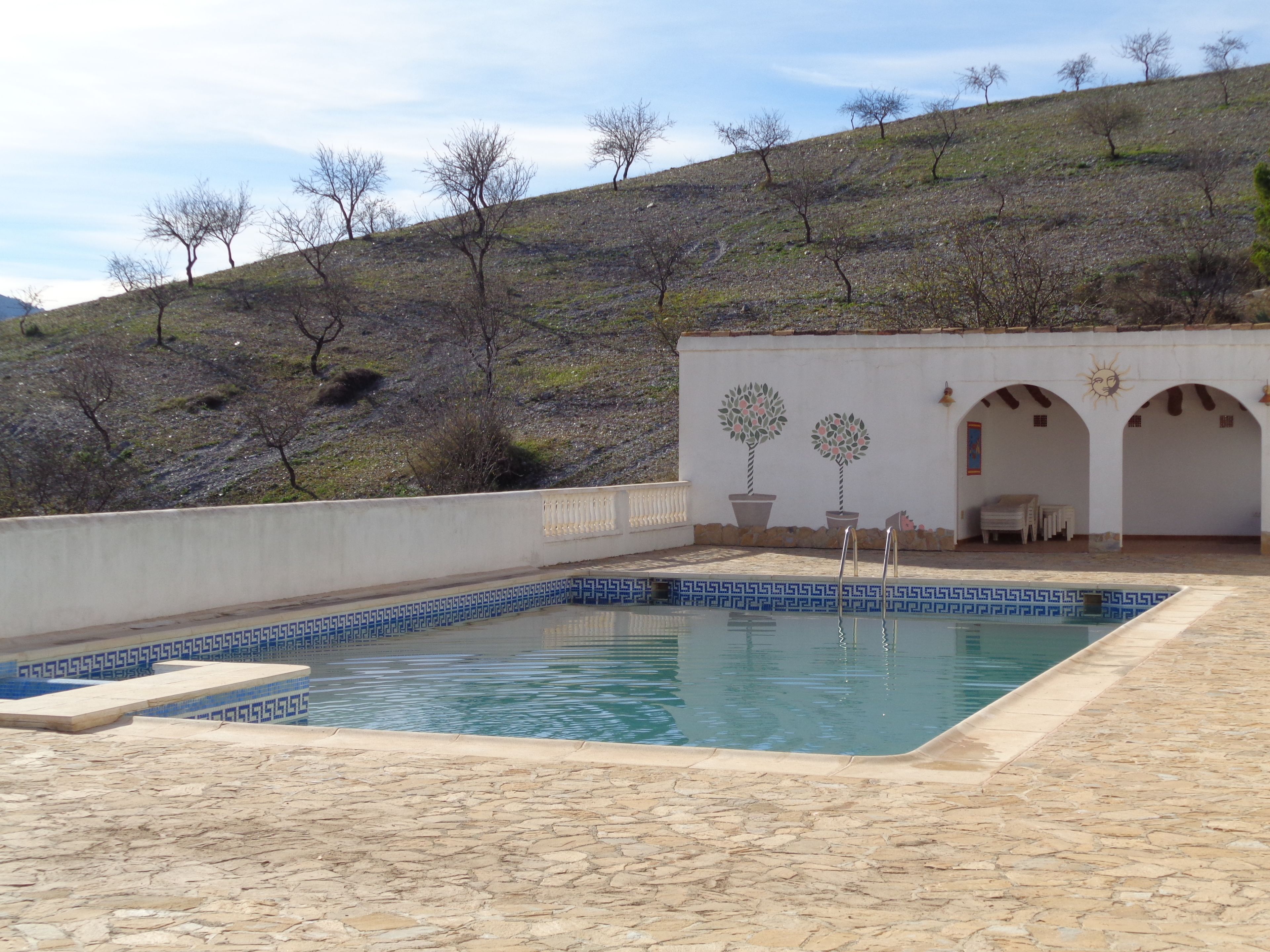 A swimming pool with a tiled deck, a covered seating area with a sun mural, and a hillside in the background.