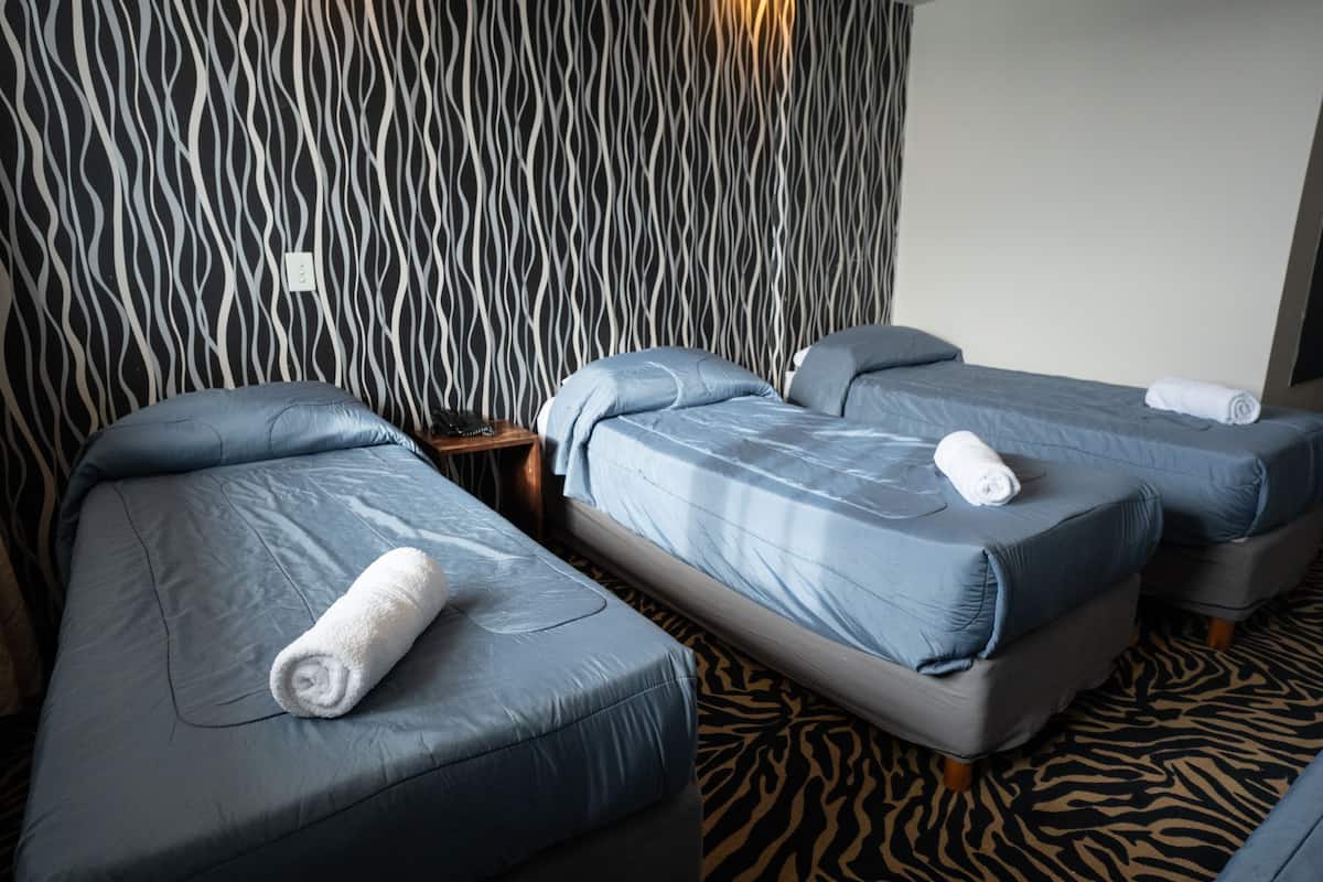 A hotel room with three beds, each with a blue mattress and pillows, and a zebra-patterned wall.