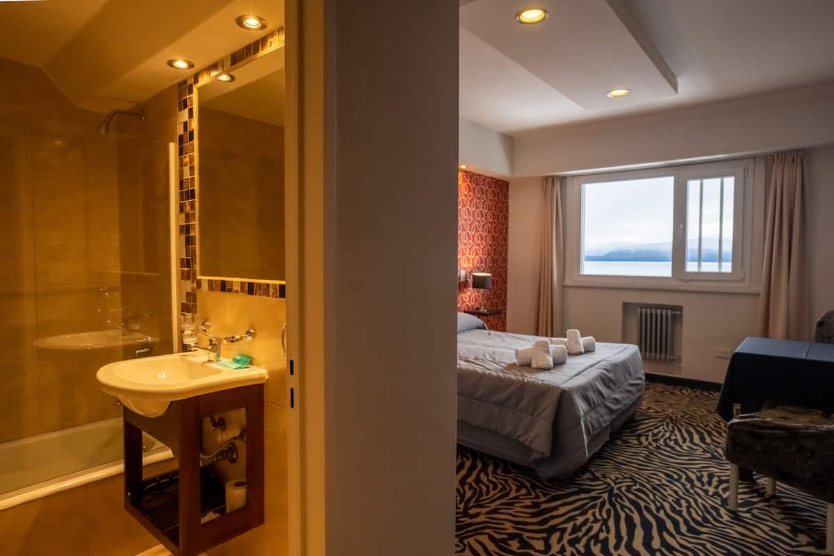 A hotel room with a shower, a sink, a bed with a zebra-patterned rug, and a window with a view.