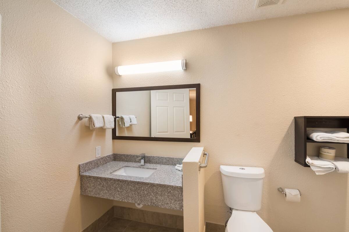 A bathroom with a granite sink, a white toilet, a mirror, and a towel rack.